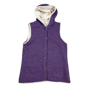 LL Bean Vest Women's Large Purple Speck  Hooded Lambswool Blend Sherpa Lined‎